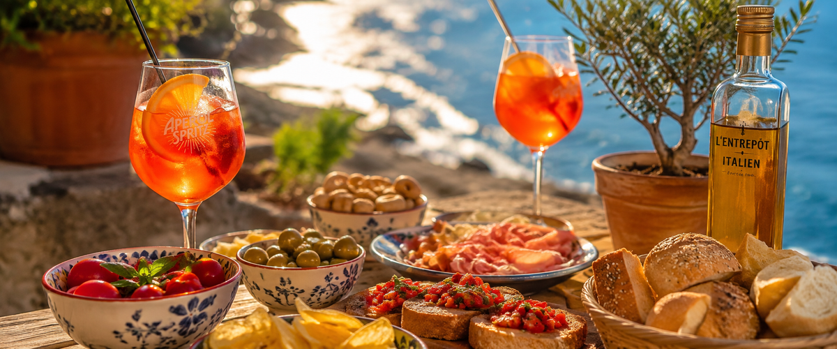 Aperitivo italien en bord de mer : Aperol Spritz, bruschettas à la tomate et antipasti au soleil