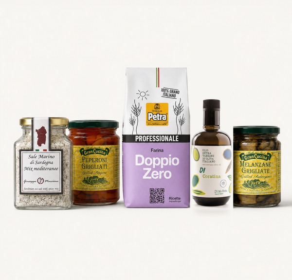 Coffret Focaccia Italienne : farine Tipo 00, huile d'olive Coratina 500 ml, sel de Sardaigne aux herbes, poivrons et aubergines grilles