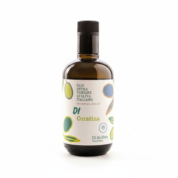 Bouteille d'huile d'olive extra vierge 100% Coratina Di Molfetta, verre teinté 500 ml