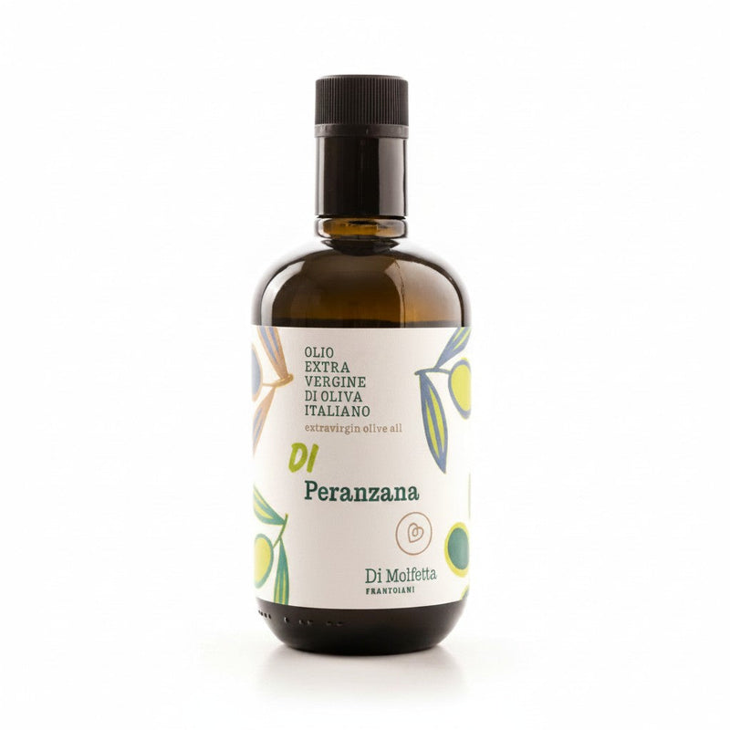 Bouteille d'huile d'olive extra vierge 100% Peranzana Di Molfetta, verre teinté 500 ml