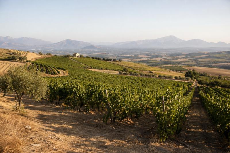 Rangs de vigne sur les collines siciliennes de l'arrière-pays de Palerme, oliviers et ferme en pierre au loin, en fin de journée