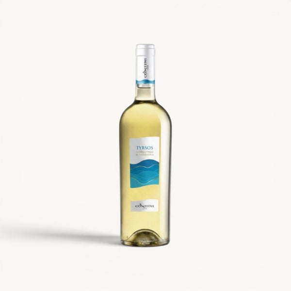 L'entrepôt italien Tyrsos Vermentino di Sardegna DOC white wine bottle, pale yellow, with blue wave label.