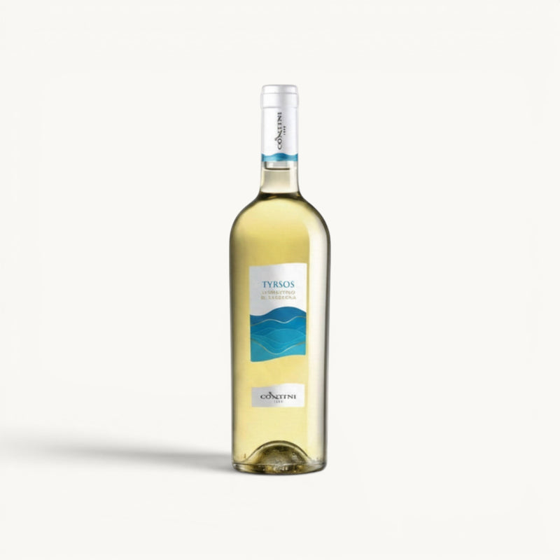 L'entrepôt italien Tyrsos Vermentino di Sardegna DOC white wine bottle, pale yellow, with blue wave label.